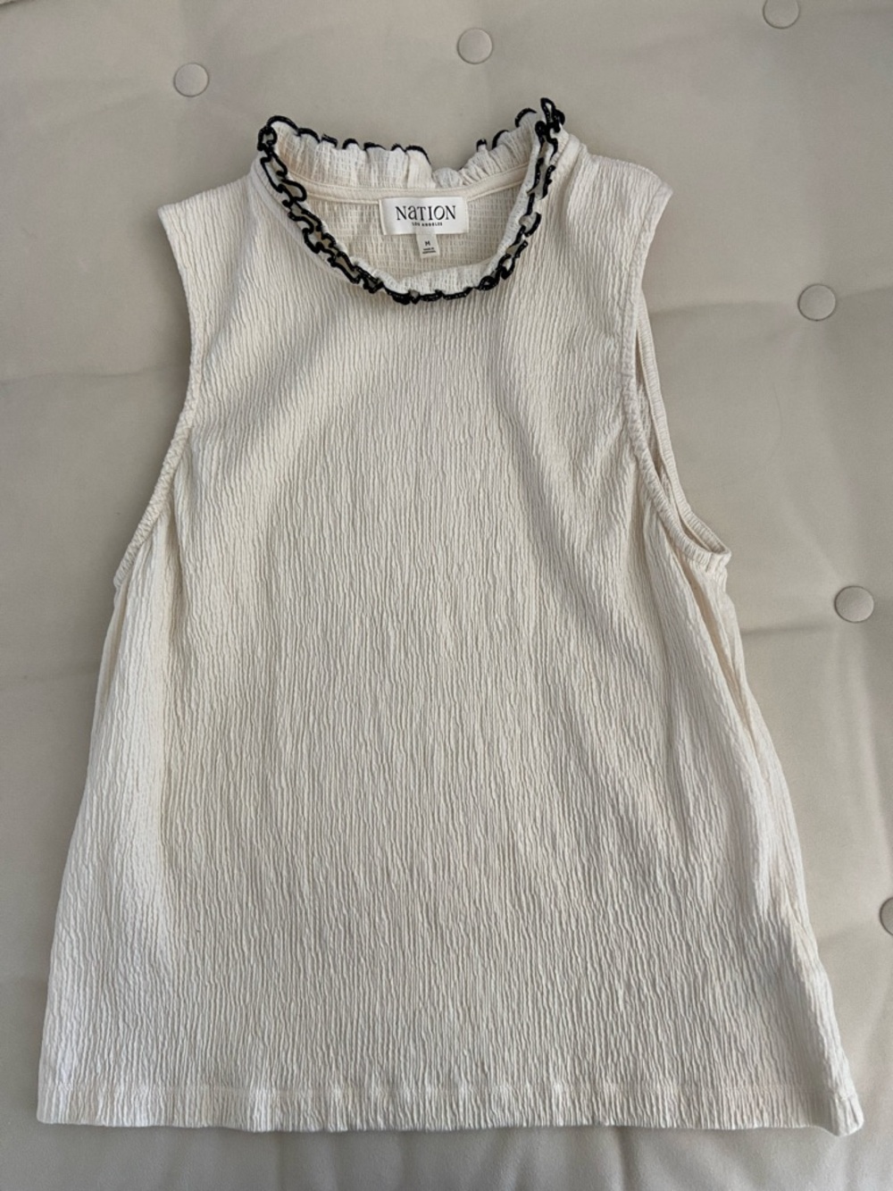 Nation LTD Cream Sleeveless Tank with Navy Trimmed Ruffle Neck